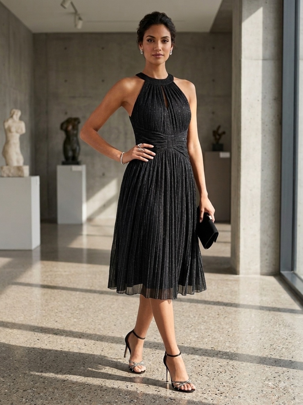 Ever Pretty Black Halter Pleated Midi Dress